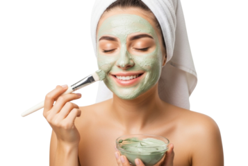 Woman applying a facial mask isolated on transparent background