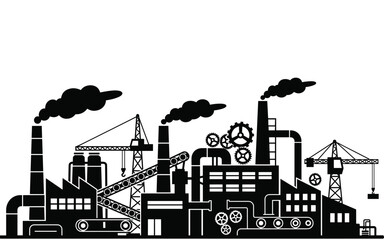 Obraz premium Industrial Factory Building Silhouette Vector. Black and White Illustration of Manufacturing Plant with Chimneys, Cranes, and Gears. Concept for Industry, Energy, Pollution, and Urban Production.