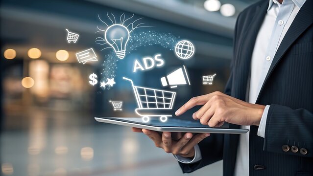 Businessman holding tablet with online advertising icons, shopping cart, light bulb, megaphone, and dollar sign, digital marketing concept