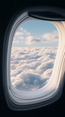 View of soft clouds and blue sky through airplane window, capturing a peaceful moment during flight.

