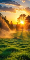 Obraz premium Green grass with sprinklers spraying water in a park at sunset