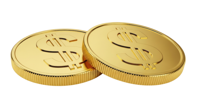 Two gold coins with dollar signs isolated on transparent background