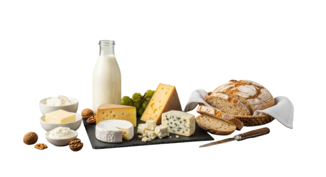 Dairy products and bread assortment isolated on transparent background - Powered by Adobe