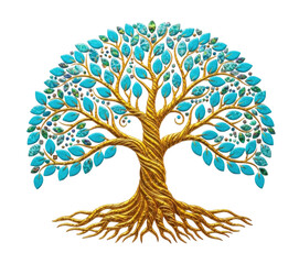 Naklejka premium Ornate tree of life with turquoise leaves isolated on transparent background