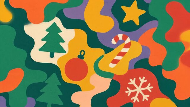 Colorful, abstract holiday shapes in a flat lay style, perfect for a festive video backdrop.