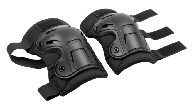 Black protective knee and elbow pads isolated on transparent background