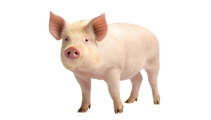 A cute piglet standing isolated on transparent background, looking at the camera with its pink nose and ears, and its white skin
