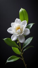 Obraz premium Close-up of white Gardenia jasmineoides flower on dark black background
