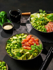 salmon, avocado and edamame bean bowl