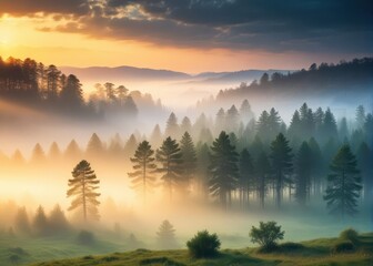 Obraz premium A serene landscape of a misty forest at dawn