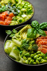 salmon, avocado and edamame bean bowl