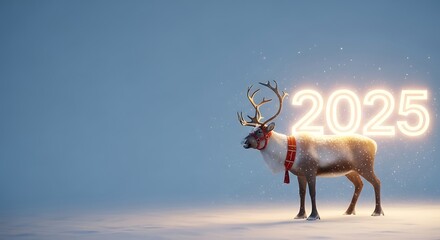 A reindeer with a red scarf standing in the snow next to the glowing number twenty twenty five