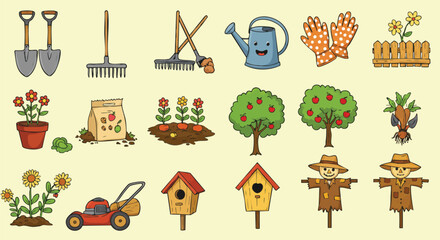 A charming collection of illustrated gardening tools, plants, and cheerful elements perfect for spring and outdoor projects.