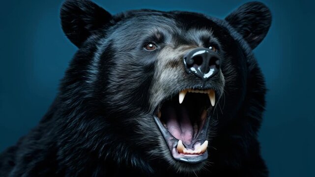 Close-up, front-facing shot of a roaring black bear against a dark blue background, capturing intense detail, ideal for wildlife video content. Live desktop wallpaper.