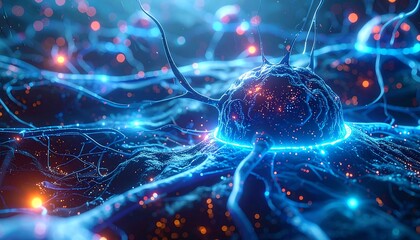 Abstract 3D Rendering of Neural Network Connections with Glowing Blue and Orange Energy Bursts