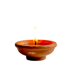 Traditional Clay Diya with Bright Flame on White Background — Ideal for Diwali, Spiritual, and Cultural Design Themes
