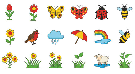 A vibrant collection of whimsical springtime illustrations featuring flowers, insects, weather elements, and adorable animals in a colorful design.