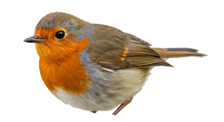 Close-up of a European robin bird with vibrant orange breast feathers and sharp beak isolated