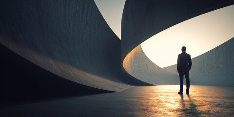 Man in suit stands in modern architectural space, surrounded by curved concrete structures, evoking sense of contemplation and solitude