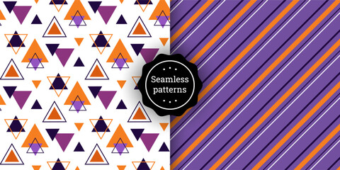 Set of seamless geometric vector patterns with triangles and diagonal stripes in purple and orange tones. Modern abstract backgrounds perfect for fabric, wrapping paper, stationery, and branding.