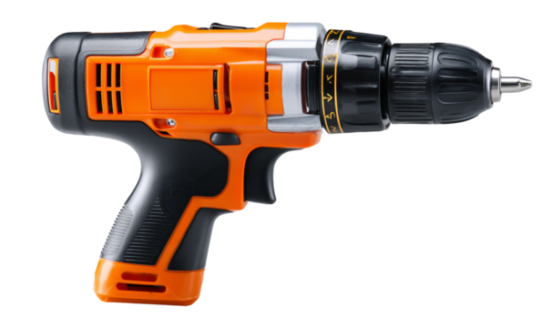 An orange and black cordless drill isolated on transparent background, a powerful tool for construction, repair, and home improvement projects