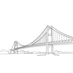 Fototapeta premium Suspension bridge and cityscape in a single continuous line drawing, black and white, representing urban infrastructure, with copy space