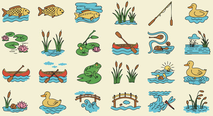 A collection of whimsical illustrations depicting various aquatic elements, including fish, ducks, lily pads, boats, and reeds, in a charming, colorful style.