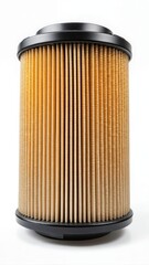 Detailed picture of car air filter on white background with space above viewed from top