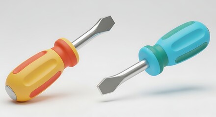 Two colorful screwdrivers with flat heads, one yellow and orange, the other blue and teal, isolated on a light background.