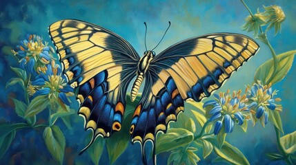 Painted butterfly on flower, vibrant colors, artistic, beautiful, nature, background, detailed, still life, inspiring image, prints, cards