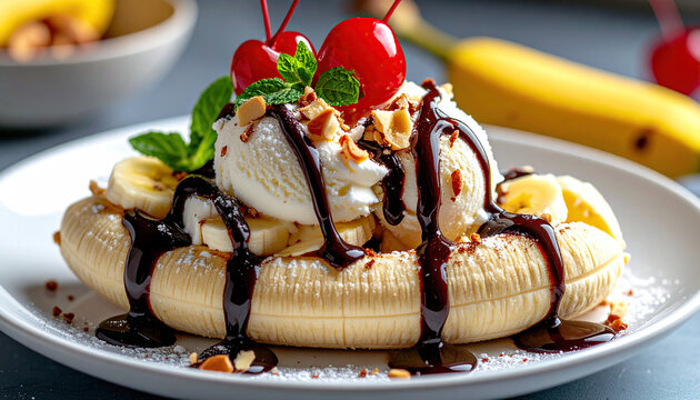 Delicious vanilla ice cream with melted chocolate sauce and fresh fruit