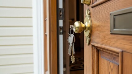 Wooden door ajar with keys dangling from the brass knob, light filtering from inside