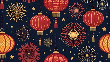 Festive Chinese New Year Celebration with Lanterns and Fireworks Graphic