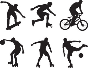 Active silhouettes playing sports and skateboarding