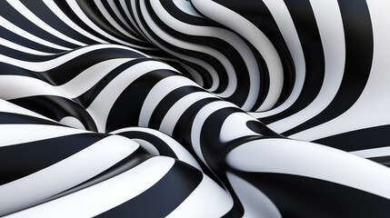 Flowing black and white wavy stripes forming a hypnotic optical illusion pattern.
