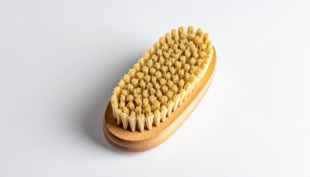 Natural Tampico Bristle Brush for Cleaning and Exfoliation with Wooden Handle Isolated on a White Studio Background Overhead Shot