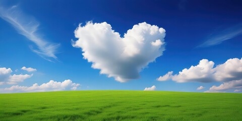Obraz premium Heart-shaped cloud in a vibrant blue sky over a green meadow