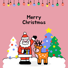 Cute Cartoon Santa and Reindeer Christmas Illustration on Pink Background