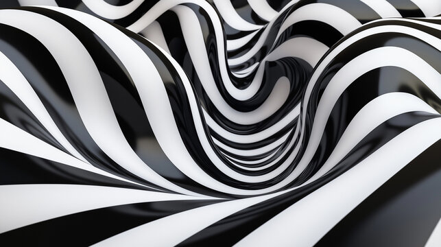 Black and white abstract wavy stripes creating a hypnotic flowing pattern.
