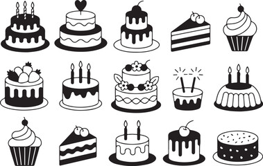 Sweet birthday cakes and cupcakes vector doodles