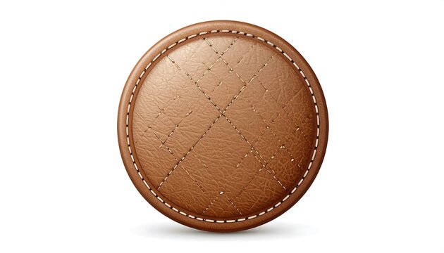 A detailed, circular object, with a leather-like appearance and stitched border. The top has a diamond pattern