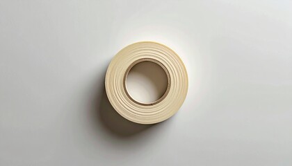Overhead view of a roll of beige masking tape on a light grey surface with soft shadows, showcasing a simple household and repair item