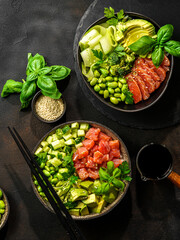 salmon, avocado and edamame bean bowl