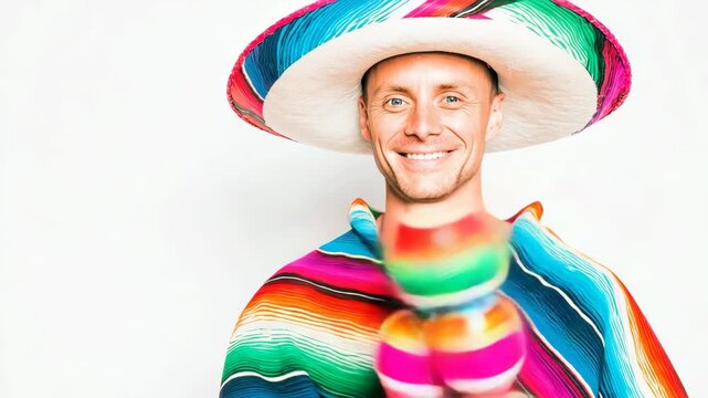 Man Celebrating in Colorful Poncho and Sombrero