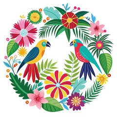 Fototapeta premium Tropical Wreath with Parrots and Exotic Flowers birds