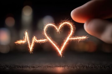 Hand holding sparkler heart design with pulse line against black backdrop showcasing love and vitality, suitable for health or Valentine's Day themes