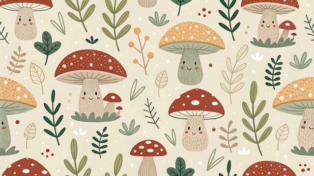 Seamless Pattern with Cute Mushrooms and Plants Whimsical Forest Illustration