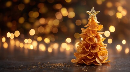 Creative Christmas tree made of nacho chips with a golden star and festive bokeh lights