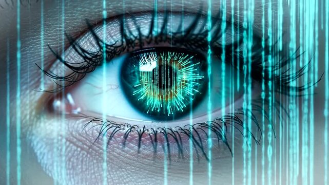 Close-up of a human eye with digital patterns and binary code overlay, symbolizing technology and vision
