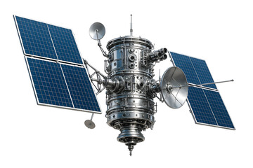 communication satellite with solar panels and antenna dish 3d render isolated on white background